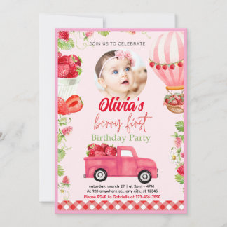 Strawberry Berry First Birthday Invitation