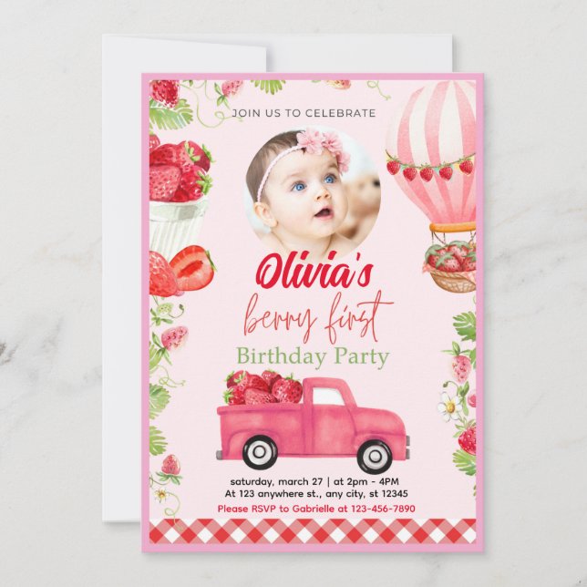 Strawberry Berry First Birthday Invitation (Front)