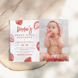 Strawberry Berry First Birthday Party Girl Photo Invitation