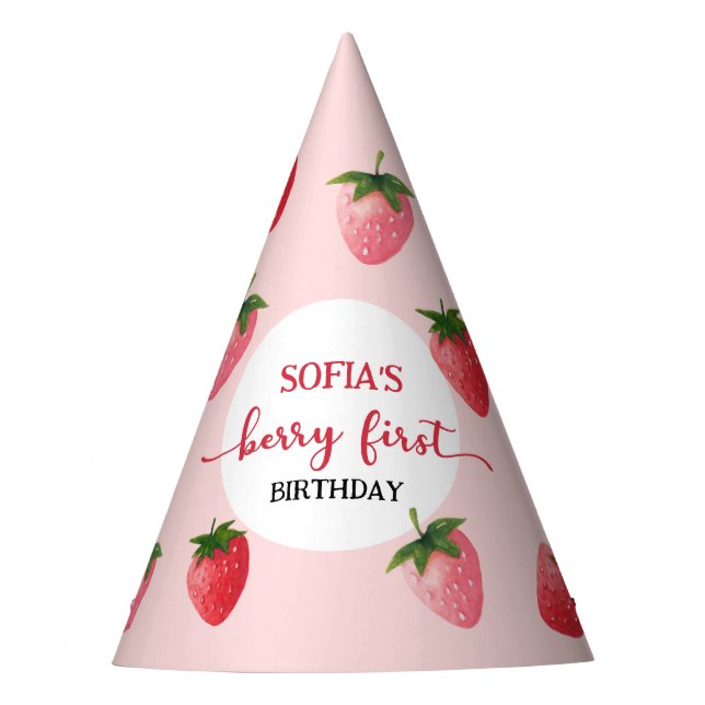 Strawberry Berry First Birthday Party Hat (Front)
