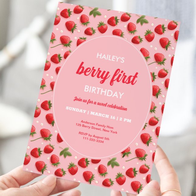 Strawberry Berry First Birthday Party Invitation (Creator Uploaded)