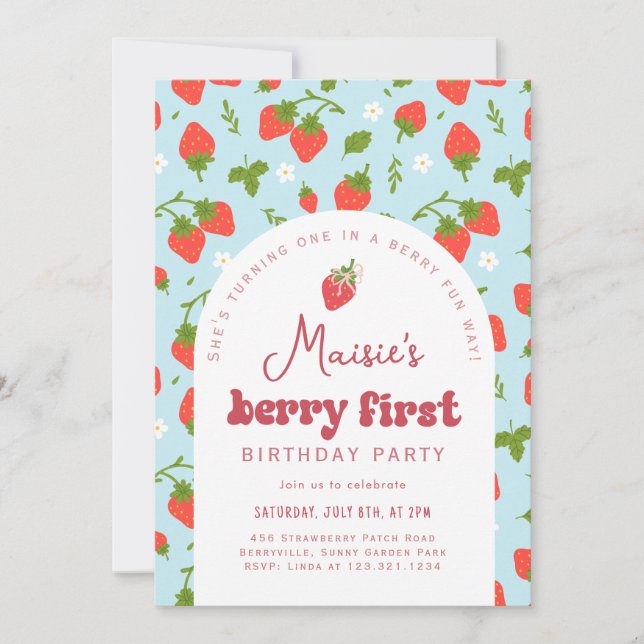 Strawberry Berry First Birthday Party Invitation (Front)