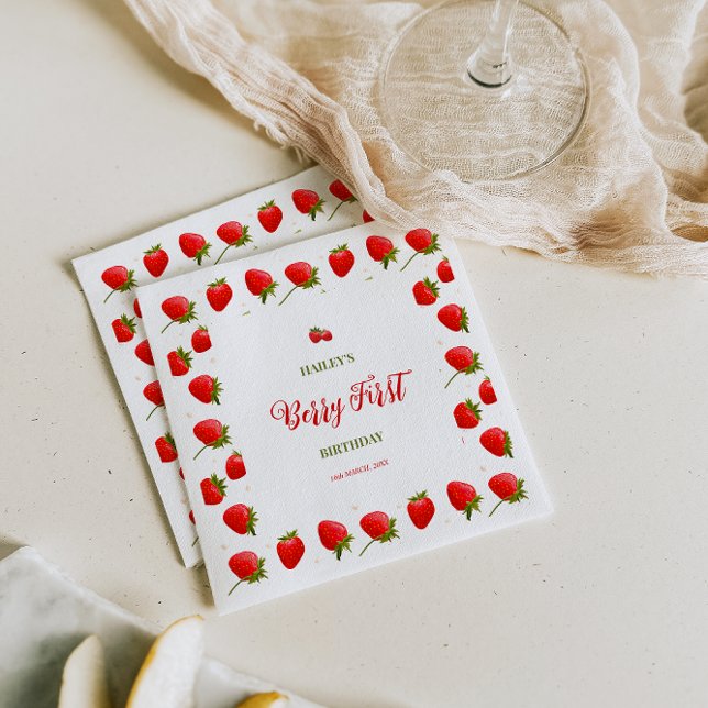 Strawberry Berry First Birthday Party Invitation Napkin (Creator Uploaded)