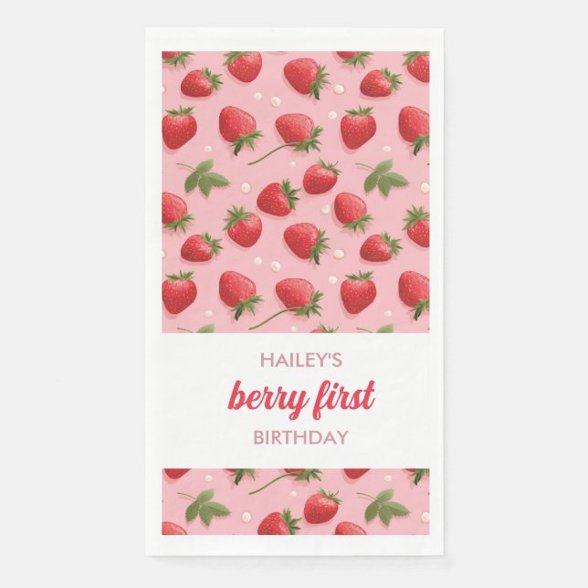 Strawberry Berry First Birthday Party Napkin (Front)