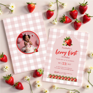 Strawberry Berry First Birthday Photo Birthday  Invitation