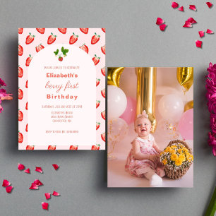 Strawberry Berry First Birthday Photo Invitation