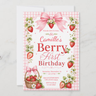 Strawberry Berry First Birthday Pink Gingham Invitation