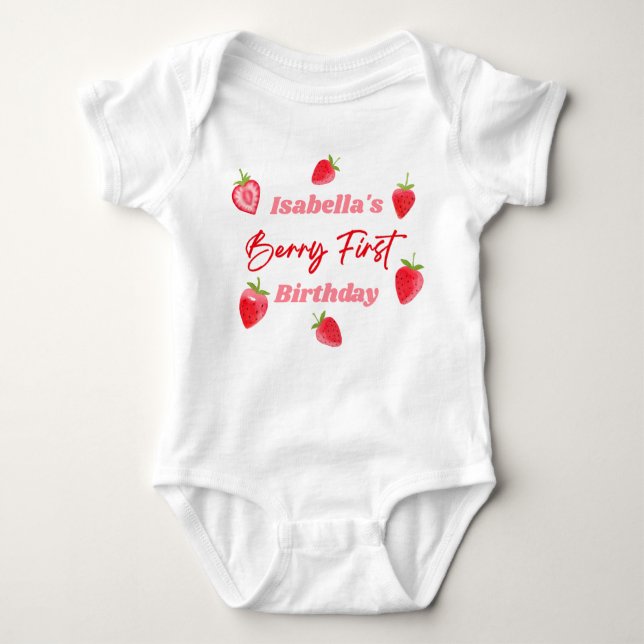 Strawberry Berry First Birthday Red and Pink Baby Bodysuit (Front)