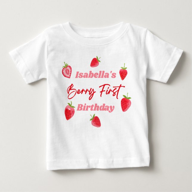 Strawberry Berry First Birthday Red and Pink Baby T-Shirt (Front)