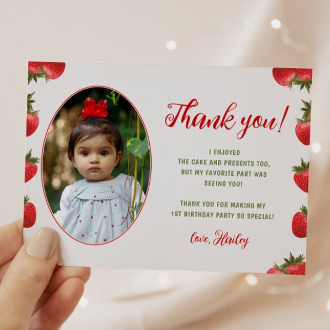 Strawberry Berry First Birthday Retro Photo Thank You Card (Creator Uploaded)