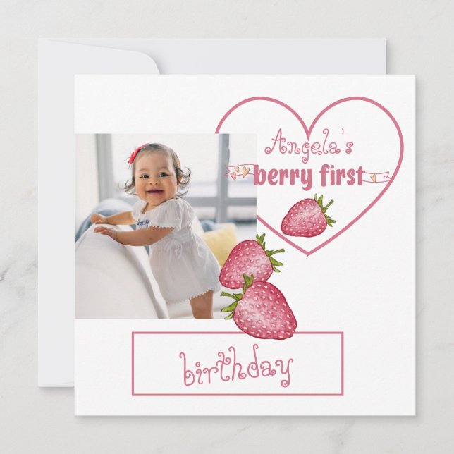 Strawberry Berry First Birthday Thank You Card (Front)