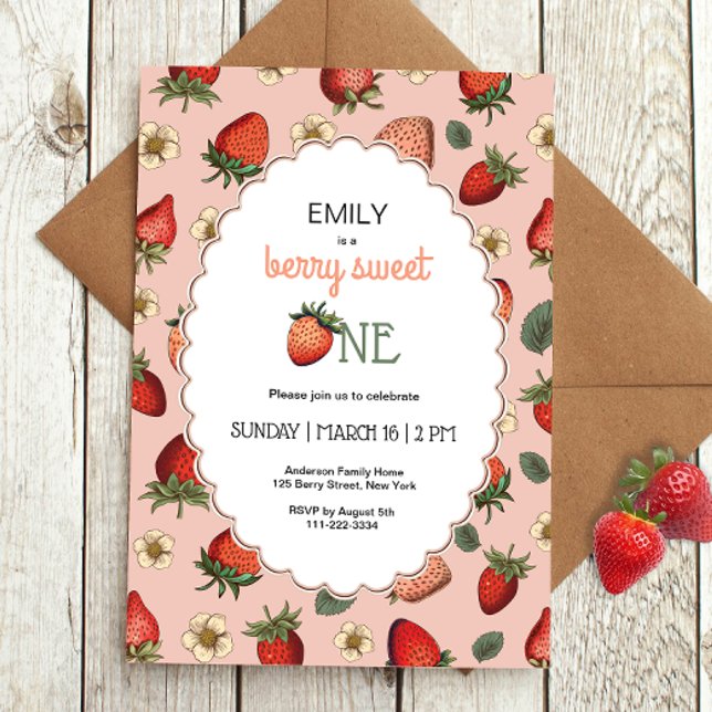 Strawberry Berry First Birthday Vintage Invitation (Creator Uploaded)