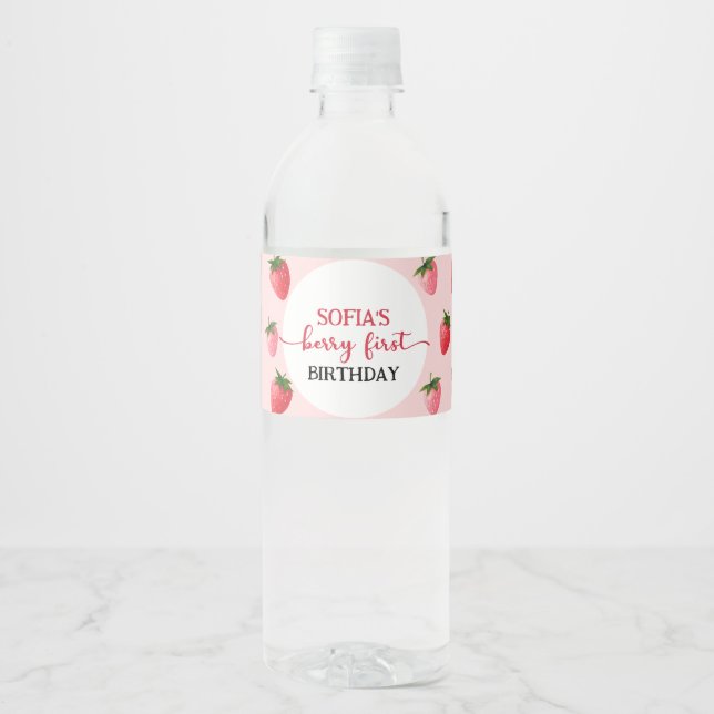 Strawberry Berry First Birthday Water Bottle Label (Front)