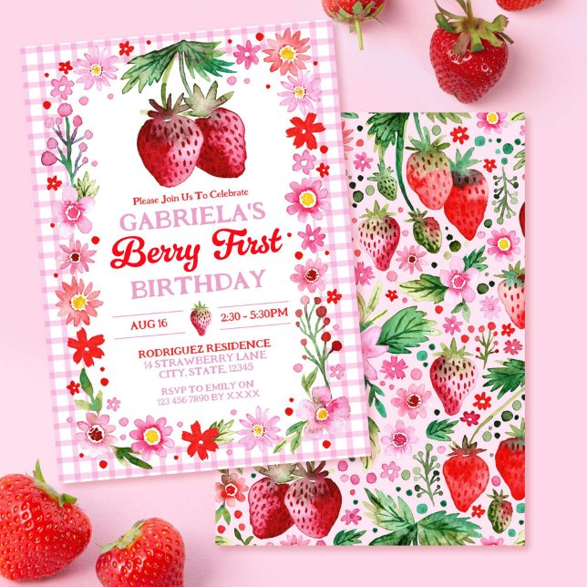 Strawberry Berry First Birthday Watercolor  Invitation (Strawberry Berry First Birthday Watercolor Invitation)