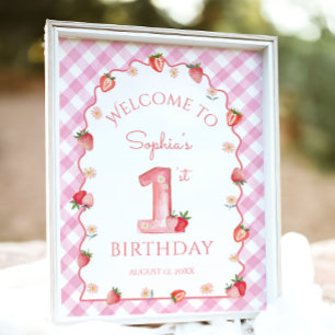 Strawberry Berry First Birthday Wavy Sweet Welcome Poster