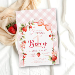 Strawberry Berry First Bow Gingham 1st Birthday Invitation