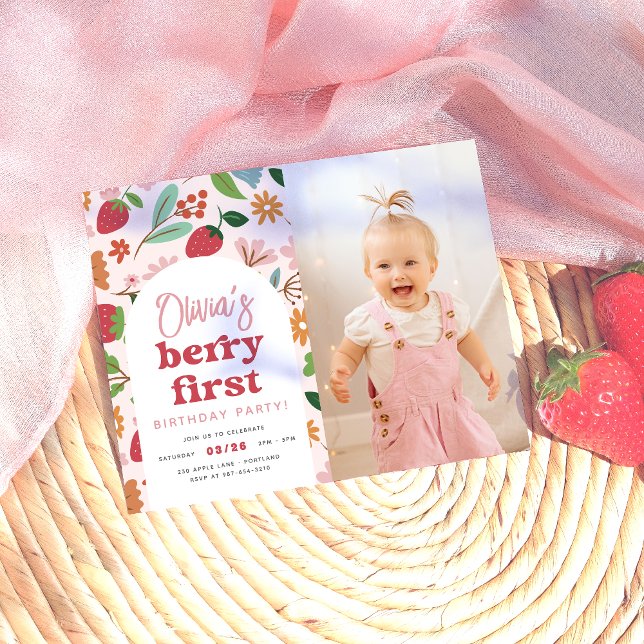Strawberry Berry First Budget Photo Birthday Party (Card Front Mock-up)