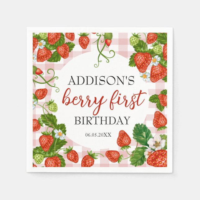 Strawberry Berry First Girl 1st Birthday Napkin (Front)