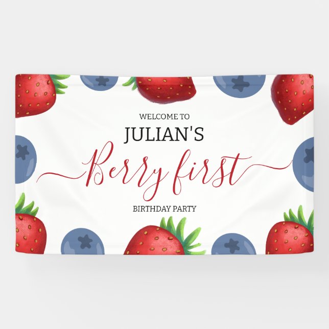 Strawberry Berry First Girl 1st Birthday Party  Banner (Horizontal)