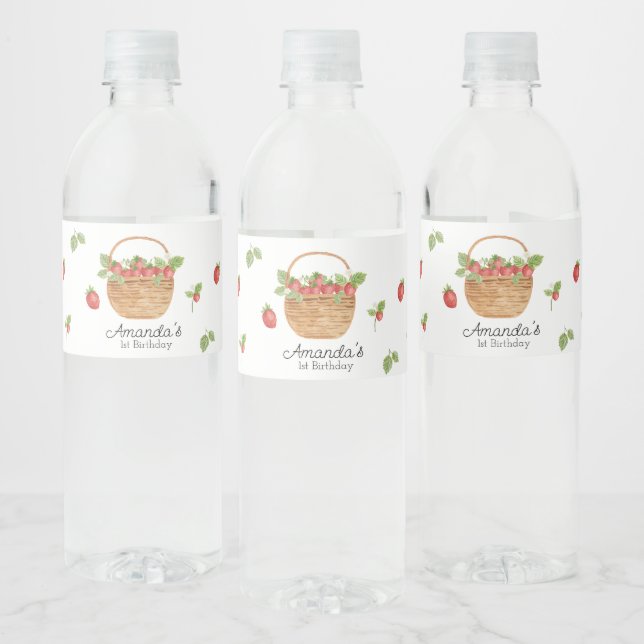 Strawberry Berry First Girl 1st Birthday Party Water Bottle Label (Bottles)