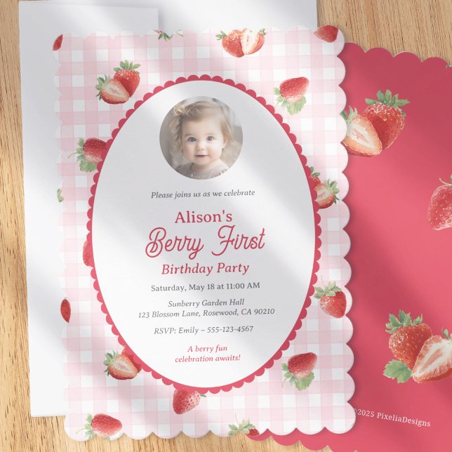 Strawberry-Berry First Girl 1st Birthday Photo Invitation (Strawberry Themed Berry First Birthday invitation with photo.)