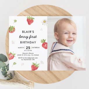 Strawberry Berry First Girl 1st Birthday Photo Invitation
