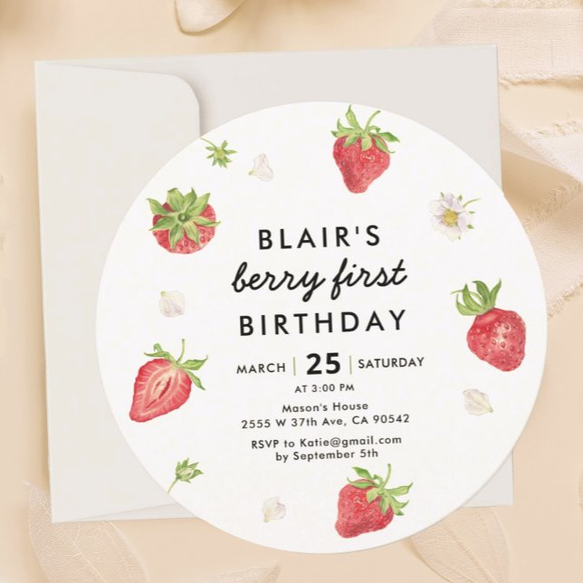Strawberry Berry First Girl 1st Birthday Round Invitation (Creator Uploaded)