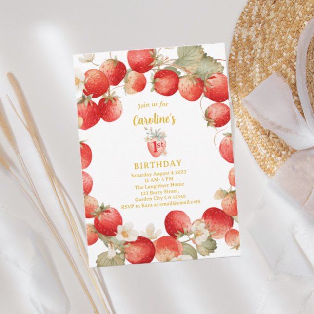 Strawberry Berry First Girls Birthday Invitation (Creator Uploaded)