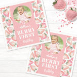 Strawberry Berry First Photo 1st Birthday Party Napkin<br><div class="desc">A cute and girly Berry First 1st birthday party napkin, perfect for adding a sweet touch to your celebration. This design features a watercolor pink strawberry pattern with green leaves around the edges. A large soft pink stripe runs down the centre, with Kid's Name BERRY FIRST Birthday in white, along...</div>
