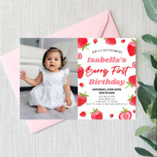 Strawberry Berry First Picture 1st Birthday Party Invitation