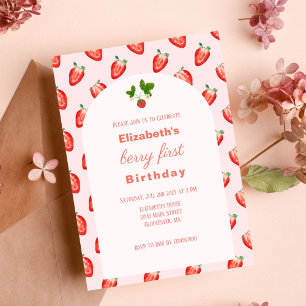 Strawberry Berry First Pink Birthday Invitation
