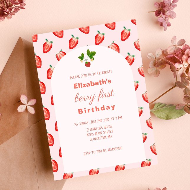 Strawberry Berry First Pink Birthday Invitation (Invitation)