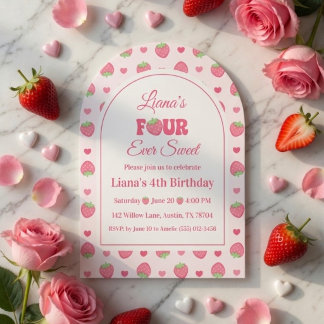 Strawberry Berry Four Ever Sweet Girl 4th Birthday Invitation