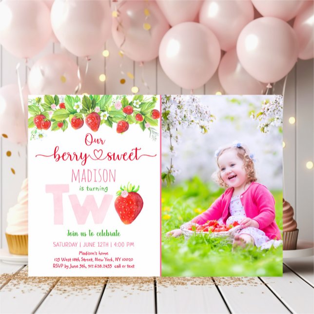 Strawberry Berry Sweet 2nd Birthday Invitation (Creator Uploaded)