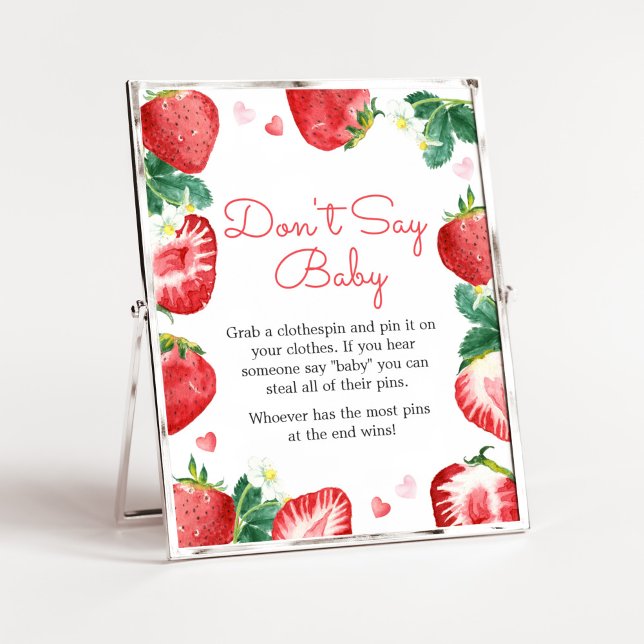 Strawberry Berry Sweet Baby Shower Don't Say Baby Poster (A Berry Sweet Strawberry Baby Shower Don't Say Baby Sign)