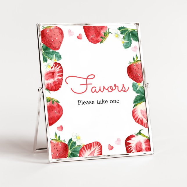 Strawberry Berry Sweet Baby Shower Favours Poster (A Berry Sweet Strawberry Baby Shower Favors Sign)