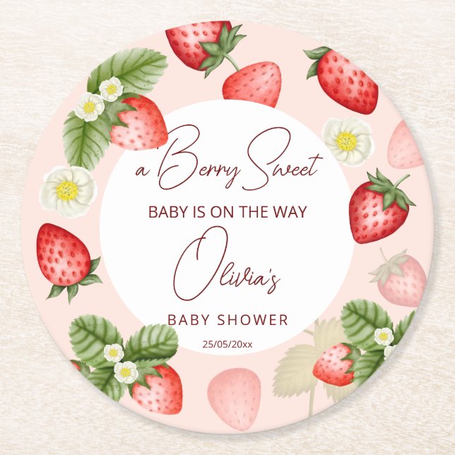 Strawberry berry sweet baby shower favours round paper coaster (Front)