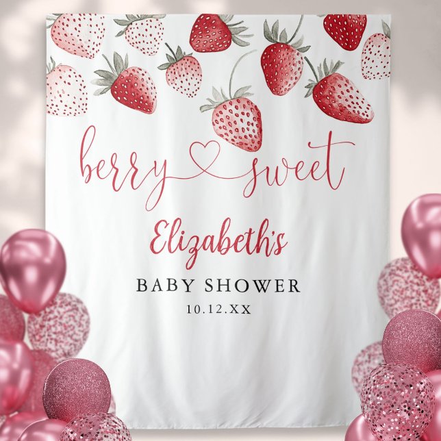Strawberry Berry Sweet Baby Shower Photo Backdrop Tapestry (Strawberry Berry Sweet Baby Shower Photo Backdrop)