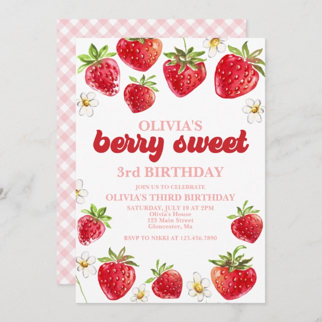 Strawberry Berry Sweet Birthday Invitation (Front/Back)