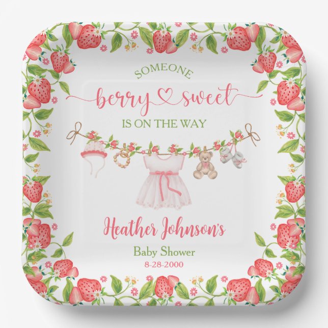 Strawberry Berry Sweet Clothesline Baby Shower  Paper Plate (Front)