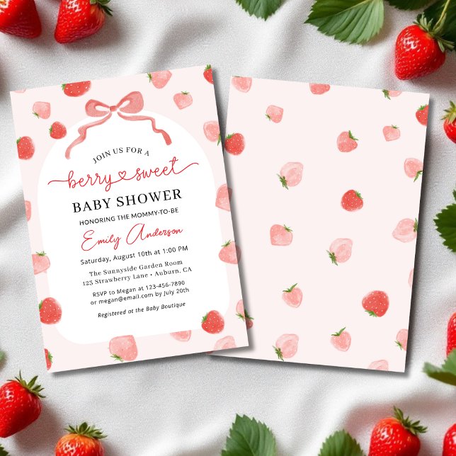 Strawberry Berry Sweet Croquette Bow Baby Shower Invitation (Creator Uploaded)