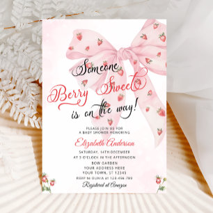 Strawberry Berry Sweet Cute Pink Bow Baby Shower Invitation