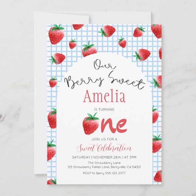 Strawberry Berry Sweet First Birthday Invitation (Front)