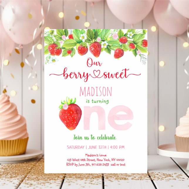 Strawberry Berry Sweet First Birthday Invitation (Creator Uploaded)