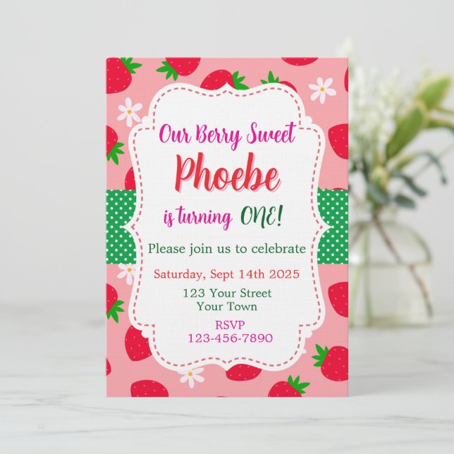 Strawberry Berry Sweet First Birthday Invitation (Standing Front)