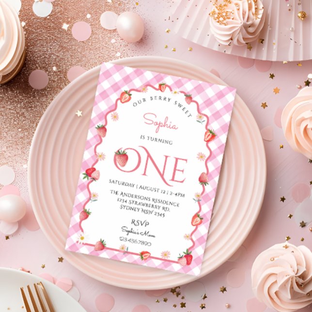 Strawberry Berry Sweet First Birthday Wavy Invitation (Creator Uploaded)