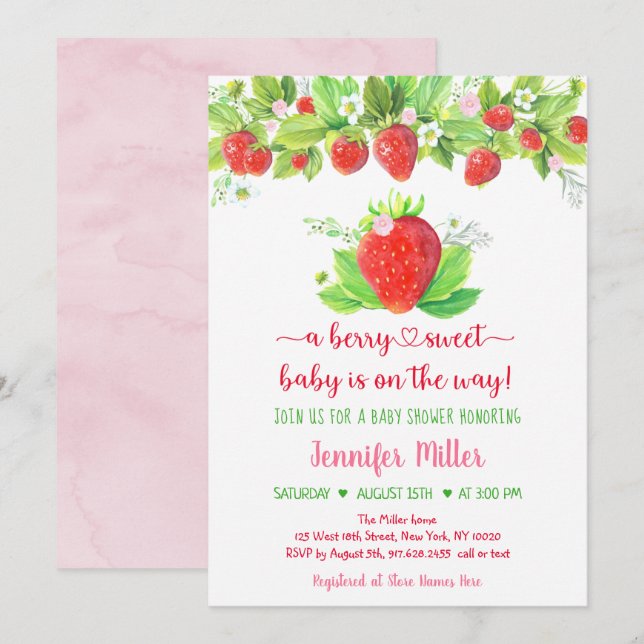 Strawberry Berry Sweet Floral Baby Shower Invitation (Front/Back)
