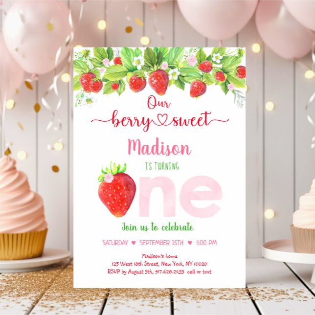 Strawberry Berry Sweet Floral First Birthday Invitation (Creator Uploaded)