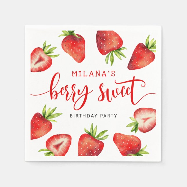 Strawberry Berry Sweet Girl's Birthday Party Napkin (Front)