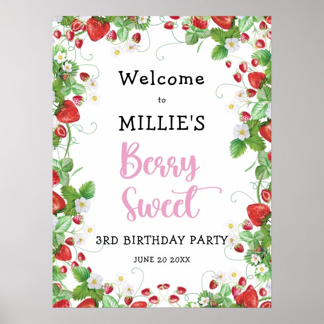 Strawberry Berry Sweet Kids Birthday Party Welcome Poster (Front)